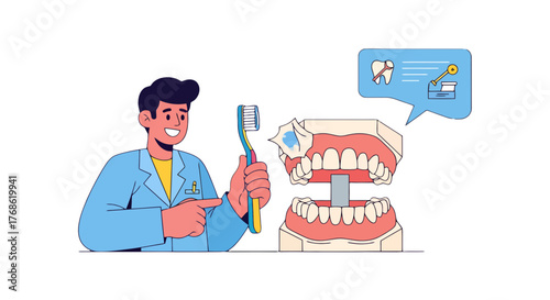 Dentist Advising Dental Care for Oral Health and Tooth Cleaning with Brush