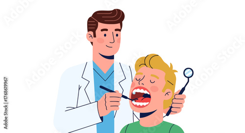 Dentist Examining Boy's Teeth, Professional Dental Checkup Isolated on Black Background Successfully