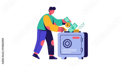 Depositing Cash Into Secure Vault Shows Financial Growth and Savings Concepts
