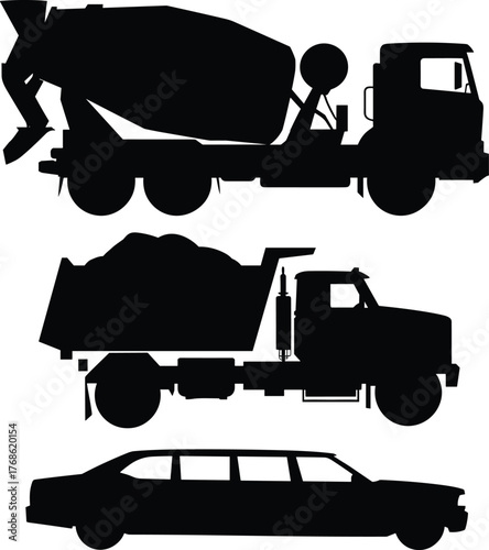 Silhouette of cement mixer truck, dump truck, stretch limousine, construction vehicles, luxury transport, black isolated icons, commercial vehicle illustration