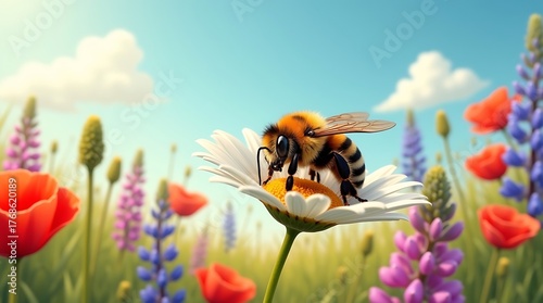 Close-up of a Bee Resting on a White Daisy in a Vibrant Wildflower Field under Sunlight