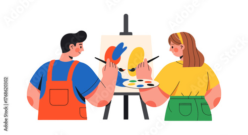 Creative Duo Painting Together on Canvas Sharing Joy and Artistic Passion