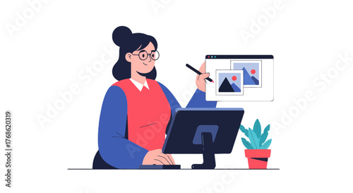 Digital Artist Crafting Images On a Computer Display, Artwork Creation Visualization