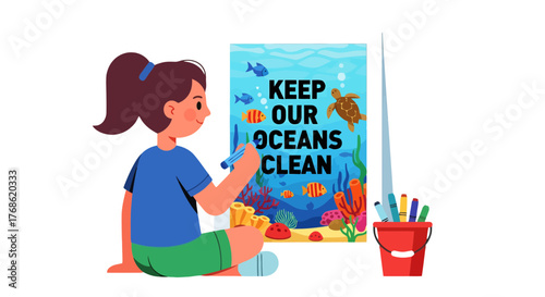 Creative Girl's Artwork Promoting Marine Conservation and Environmental Awareness