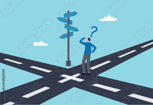 Business crossroads, finding solution or direction for success, confusion or what next challenge, opportunity choice or alternative concept, confused businessman at the crossroads thinking way to go.