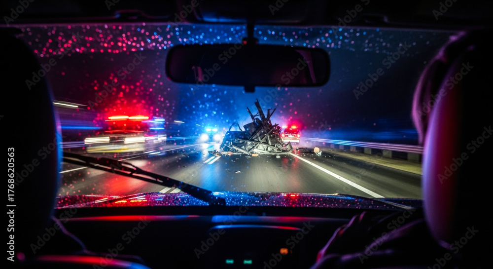 Fototapeta premium View from inside a car showing a nighttime highway accident with scattered debris and flashing emergency vehicle lights illuminating the scene.