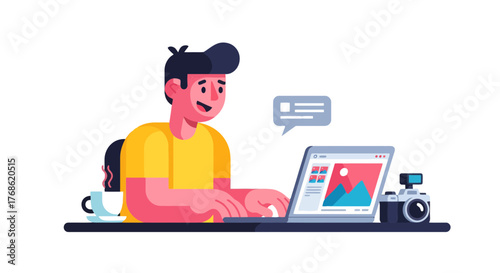 Creative Professional Working On A Laptop While Enjoying A Beverage And Photography