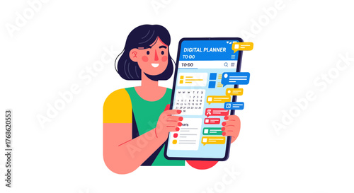 Digital Planning App: Woman Organizing Schedule on Smartphone with To-Do List