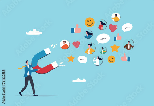 Brand engagement or customer engagement, social positive feedback after using product and share loyalty and trust concept, businessman magnet draw customers with brand engagement impression symbol