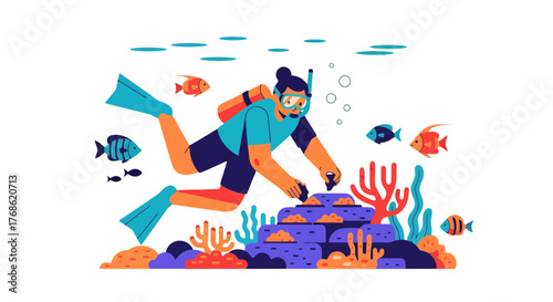 Diver Exploring Underwater World With Colorful Fish And Vibrant Coral Reefs