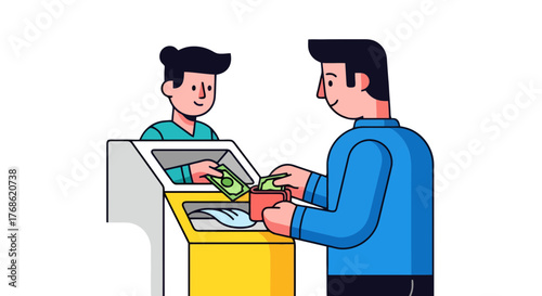 Customer Making Payment and Receiving Money From a Cashier at a Counter in Minimalist Style