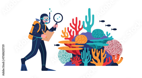 Diver Observing Coral Reefs With Magnifying Glass Demonstrates Underwater Exploration