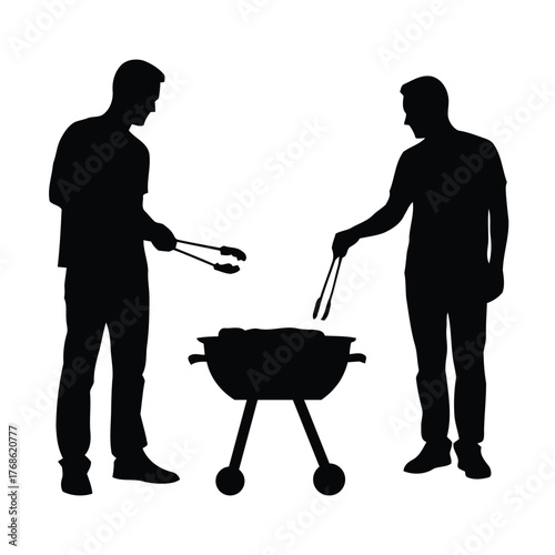 Men grilling barbecue tongs food