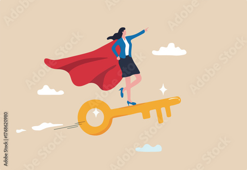 Key success to unlock true potential to win business or career improvement, moving forward for bright future, new opportunity or business direction concept, businesswoman leader ride gold key success