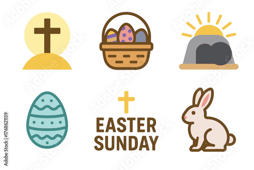 Various easter symbols and icons including a cross on a hill, a basket of eggs, a sunrise over a tomb, a decorated egg, the phrase "easter sunday," and a rabbit.