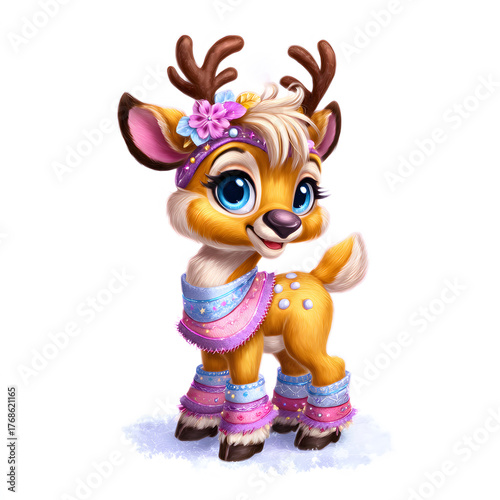 Cute cartoon baby reindeer in colorful winter outfit, smiling Christmas deer with big blue eyes, festive scarf and leg warmers, fantasy animal character illustration for holiday greeting cards