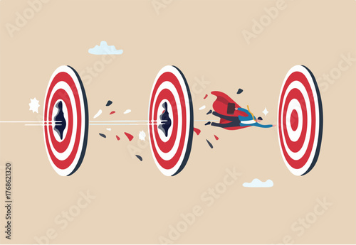 Power to reach targets, goals or achievements, aiming, challenge or aspiration to success, motivation or strength, leadership skill concept, businessman superhero flying breakthrough target bullseyes