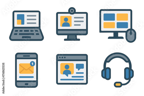 Set of six colored vector icons representing a laptop, video conferencing monitor, desktop computer with mouse, smartphone with email notification, web browser, and headset.