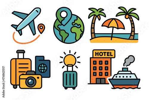 Collection of colorful travel icons including an airplane, a globe with a location pin, a beach scene, luggage with a camera, a lit suitcase, a hotel, and a cruise ship.