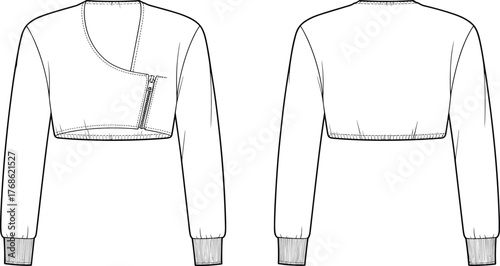 Modern women’s cropped jacket technical fashion flat sketch with asymmetric zipper front, long sleeves, ribbed cuffs, minimalist apparel design illustration