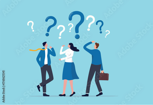 Confused people with confusion problem or doubt, lost in trouble or complexity, complicated questions or misunderstanding concept, businessman and businesswoman with many of confused question marks