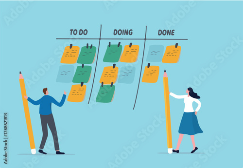 Review work progress on kanban board, todo list, in progress task and finished one, project management or planning for production concept, business people review project progress on kanban board