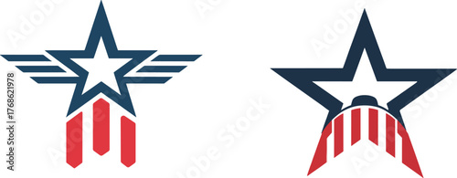 Two patriotic star logos with wings and stripes american red white blue