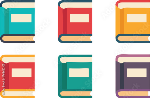 Collection of six colorful, flat design books on a white background