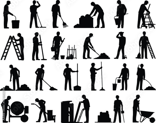 Construction workers silhouettes, labor team, industrial workforce, manual tasks, tools, teamwork, black icons, job site, infrastructure, occupational roles, vector illustration