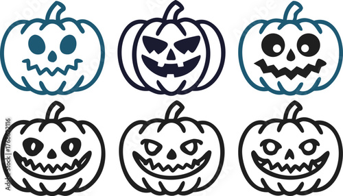 Collection of Six Halloween Jack-o'-Lantern Icons with Various Expressions
