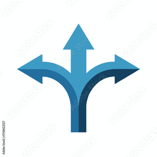 A blue arrow splits into three different directions on a white isolated background illustration