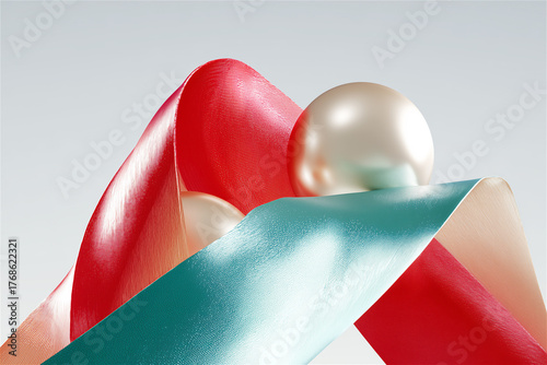Abstract ribbons in red and teal with pearl accent, concept of celebration, luxury and elegant modern design.