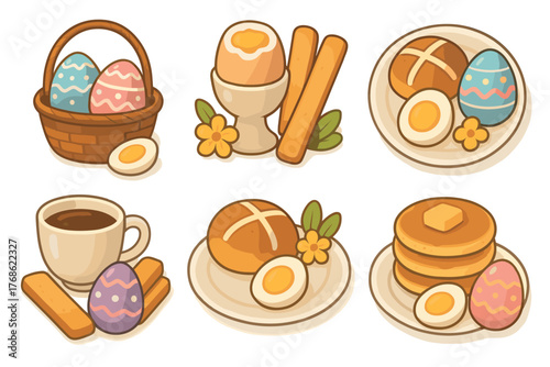 A collection of pastel-colored easter eggs paired with traditional breakfast items including pancakes, hot cross buns, and a boiled egg with sticks.