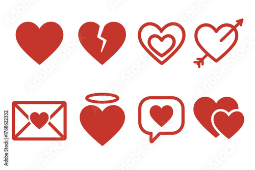 Red heart-themed icons featuring designs such as broken heart, heart with arrow, and heart within an envelope, conveying various symbolic meanings of love.