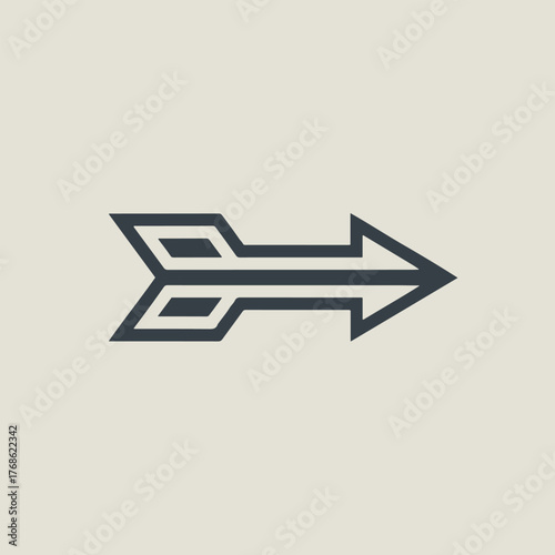 A graphic representation of a stylized arrow pointing to the right on a neutral colored background