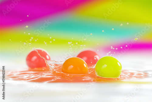 Vibrant jelly-like spheres in colorful liquid, concept of freshness, energy, color explosion and creative abstract art.