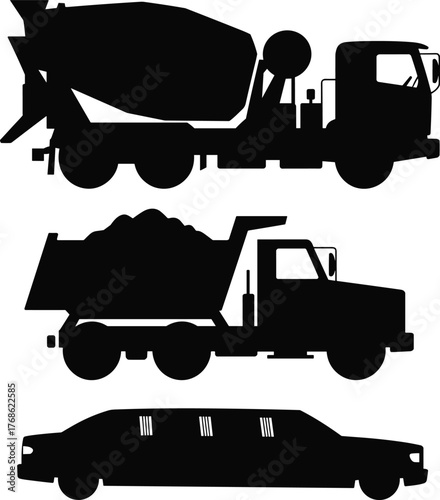 Silhouette of cement mixer, dump truck, stretch limousine, black vehicle icons, construction transport, isolated vector, commercial use, editable graphic