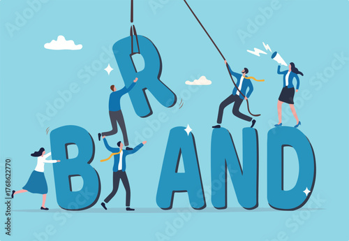 Build branding create brand awareness advertising, product or company value strategy, build reputation or identity for customer recognition concept, business people help building the word BRAND