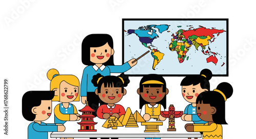 Diverse Children Learning About World Geography and Cultures With Teacher Illustration