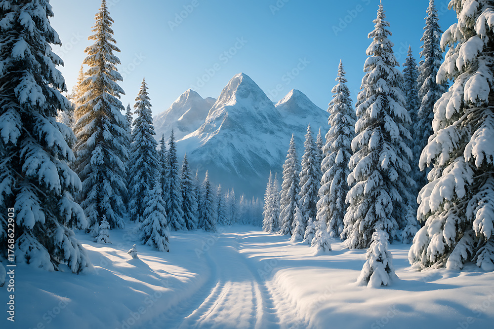 Fototapeta premium Majestic Snowy Pine Forest Road Leading Toward Sunlit Winter Mountains Under Clear Blue Sky