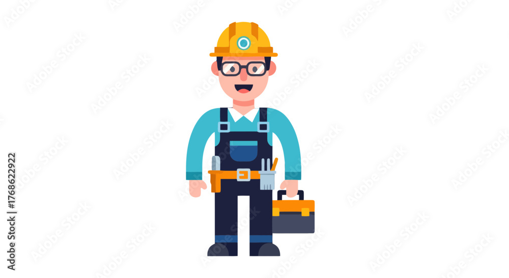 Obraz premium Engineer Character With Glasses, Helmet And Tools Standing With A Cheerful Expression