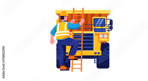 Engineer Ascending Machinery Ladder Near Large Mining Dump Truck for Maintenance Purpose