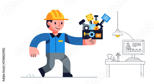 Engineer Character Carrying Toolbox, Ready to Work on a Technological System