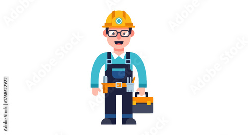Engineer Character With Glasses, Helmet And Tools Standing With A Cheerful Expression