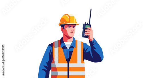 Engineer Communicating on Walkie-Talkie with Safety Vest on Black Background
