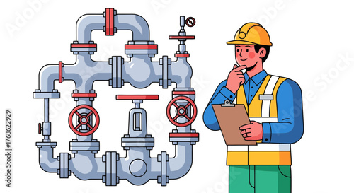 Engineer Contemplating Diagram Of System Plumbing With Thoughtful Composition