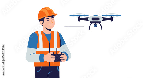 Engineer Controlling Drone in Flight, Vector Illustration Demonstrating Professionalism For Business