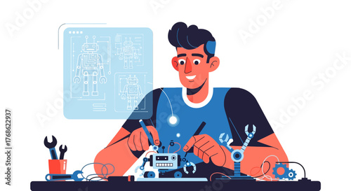 Engineer Designing And Assembling A Robotic Prototype Depicted In A Graphic Illustration