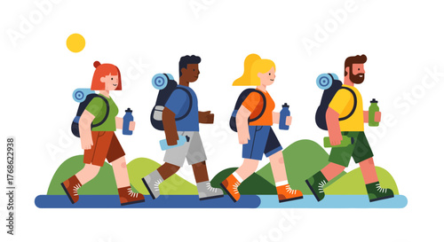 Diverse Group Embarks on Hiking Journey Across the Wilderness Under the Night Sky