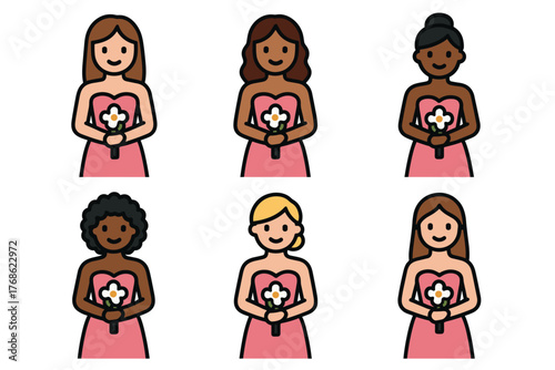 Six diverse women in pink dresses, each holding a small bouquet of flowers, depicted with varying skin tones and hairstyles against a white background.